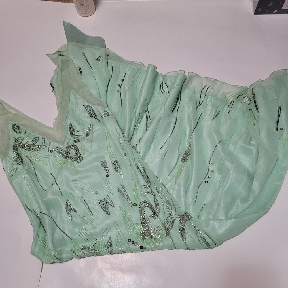 Fairycore Mint green silk silver beaded dress